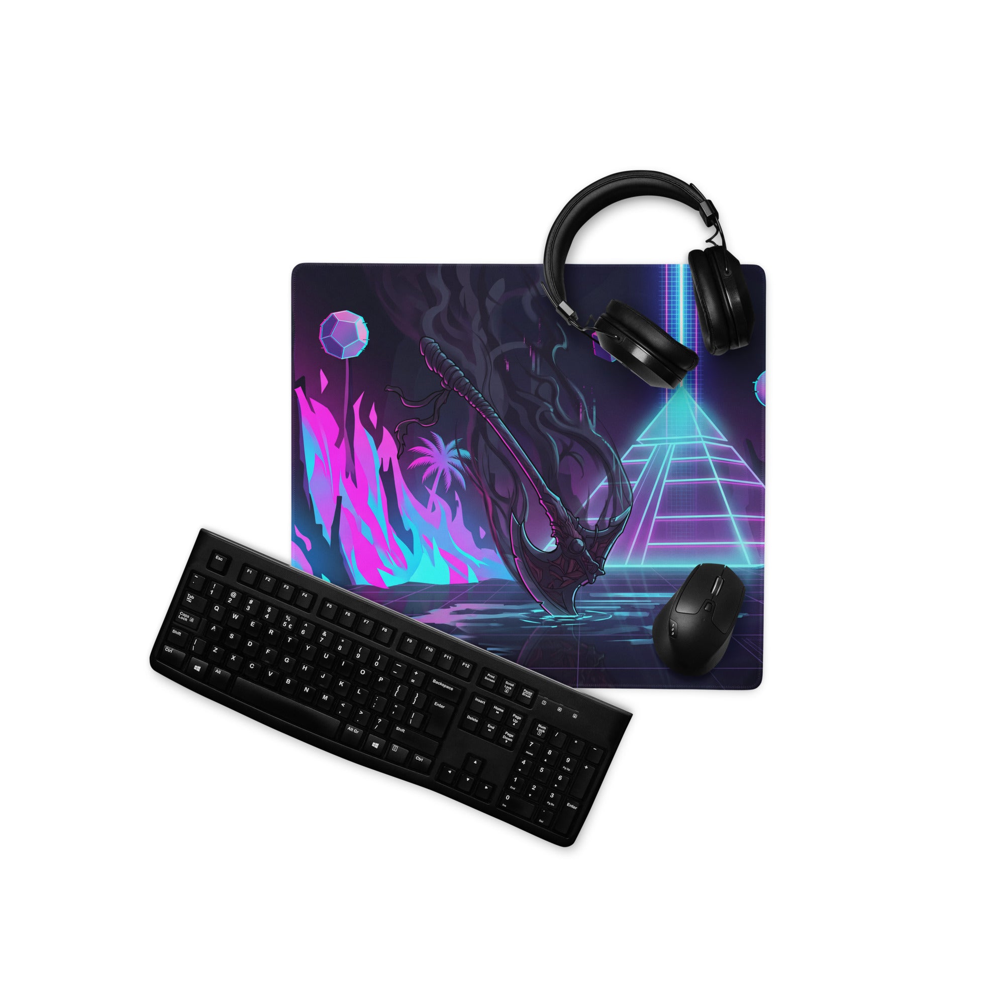 Neon vaporwave dragon gaming mousepad with glowing purple and cyan alien nebula design for vibrant desk decor