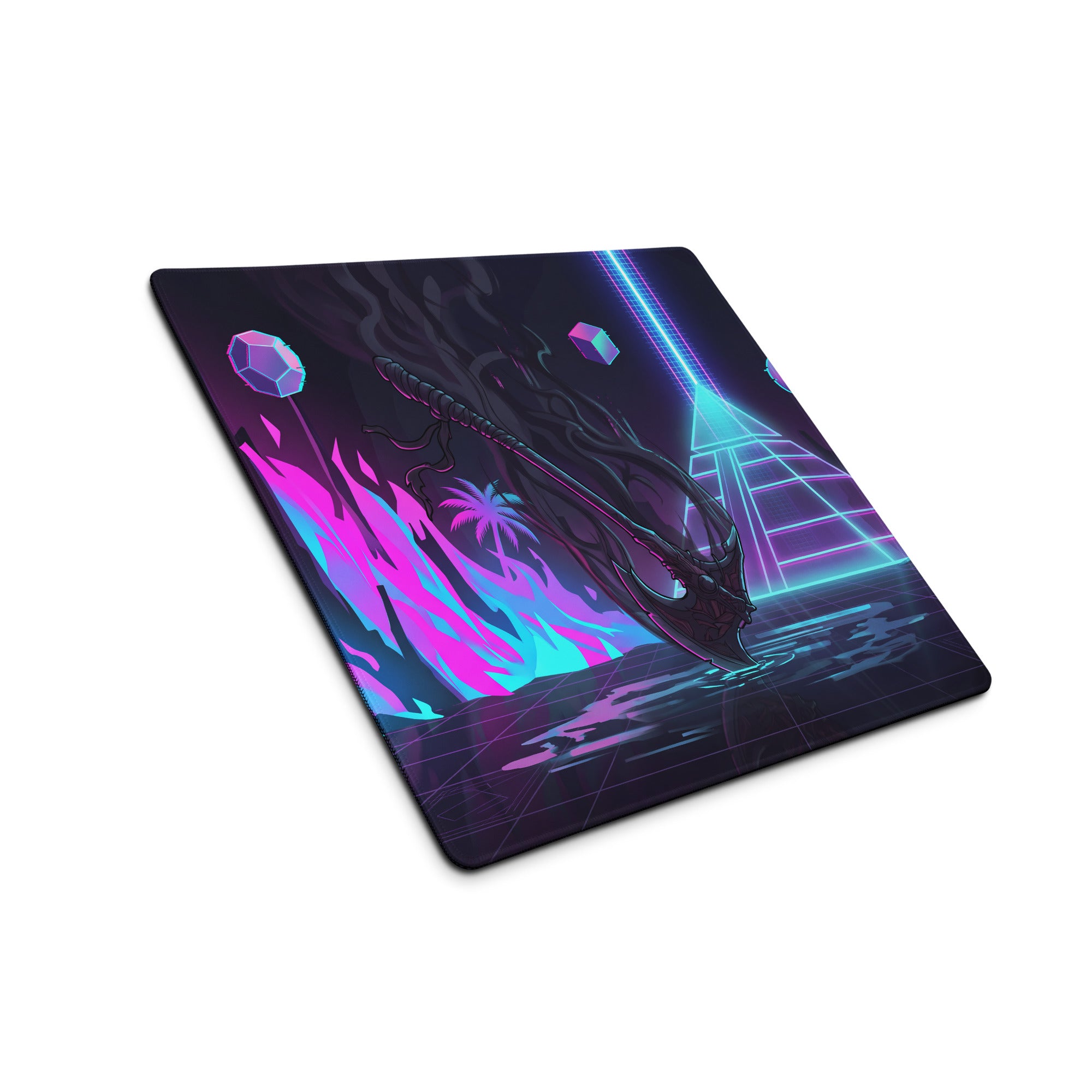 Neon vaporwave dragon gaming mouse pad with neon pink cyan colors and a stylized black dragon on glowing shapes