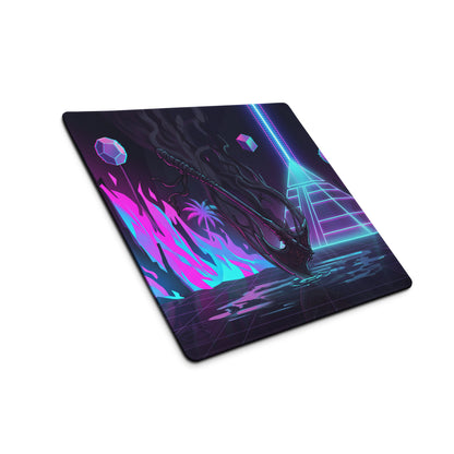 Neon vaporwave dragon gaming mouse pad with neon pink cyan colors and a stylized black dragon on glowing shapes