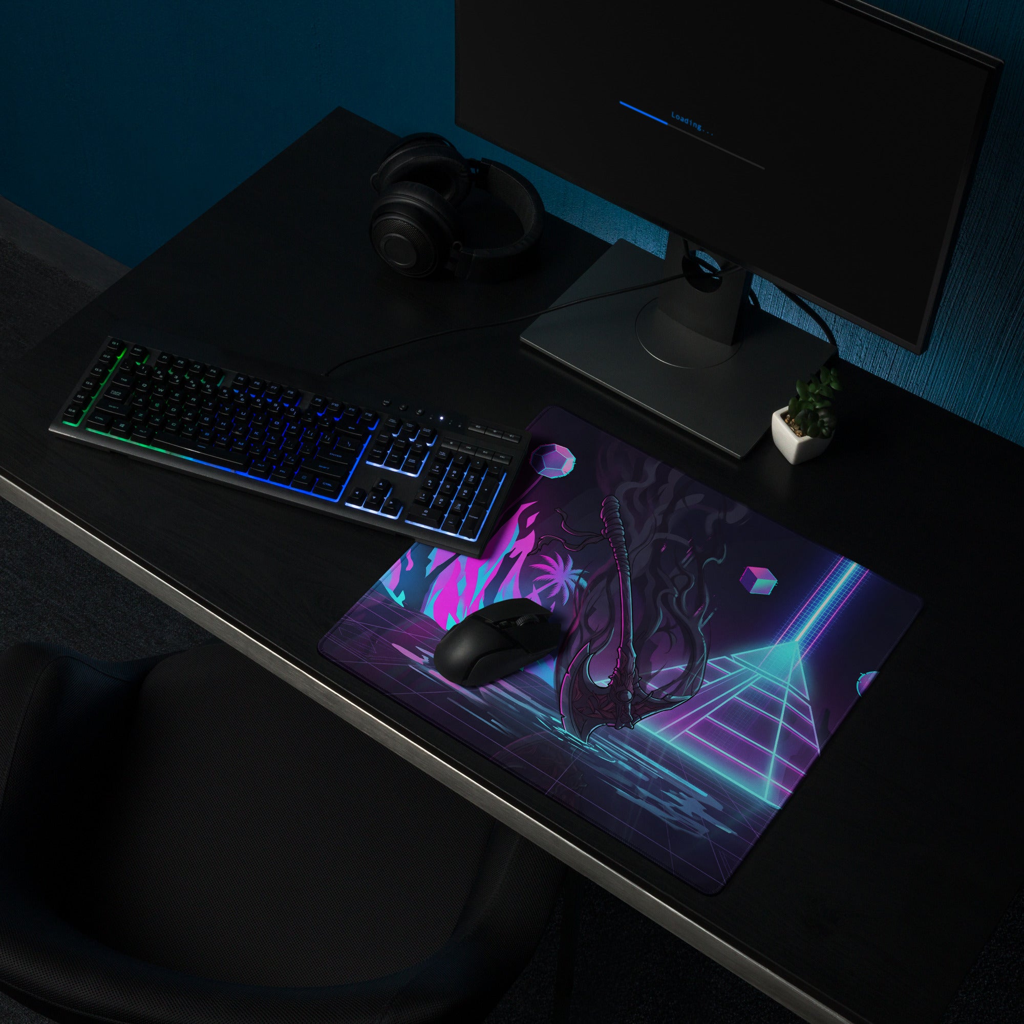 Neon vaporwave dragon gaming mouse pad with vibrant purple teal nebula-themed neon cyberpunk design for desktop use