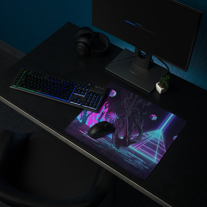 Neon vaporwave dragon gaming mouse pad with vibrant purple teal nebula-themed neon cyberpunk design for desktop use