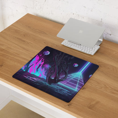 Navy blue gaming mousepad with neon vaporwave dragon design in glowing pink purple and cyan for vibrant desk decor