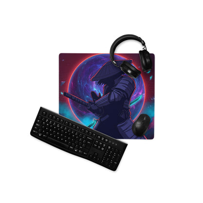 Neon vaporwave samurai gaming mouse pad with vibrant purple blue cosmic ninja design for desktop use