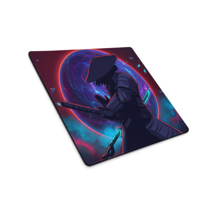 Neon vaporwave samurai gaming mouse pad with a nebula-themed cosmic backdrop and glowing sword design in pink purple blue