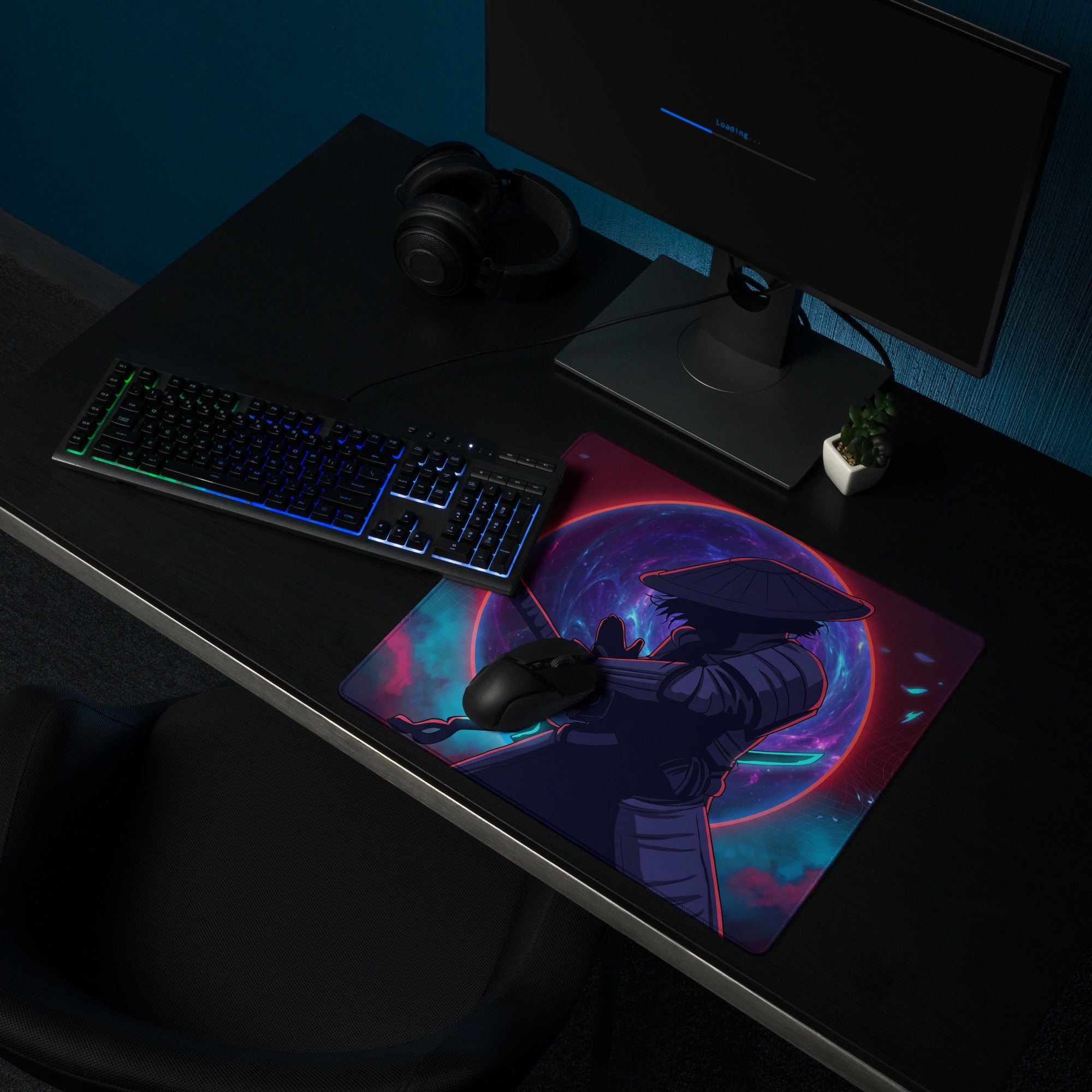 Neon vaporwave samurai gaming mouse pad with vibrant anime ninja on a cosmic purple pink blue background