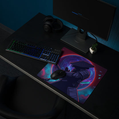 Neon vaporwave samurai gaming mouse pad with vibrant anime ninja on a cosmic purple pink blue background