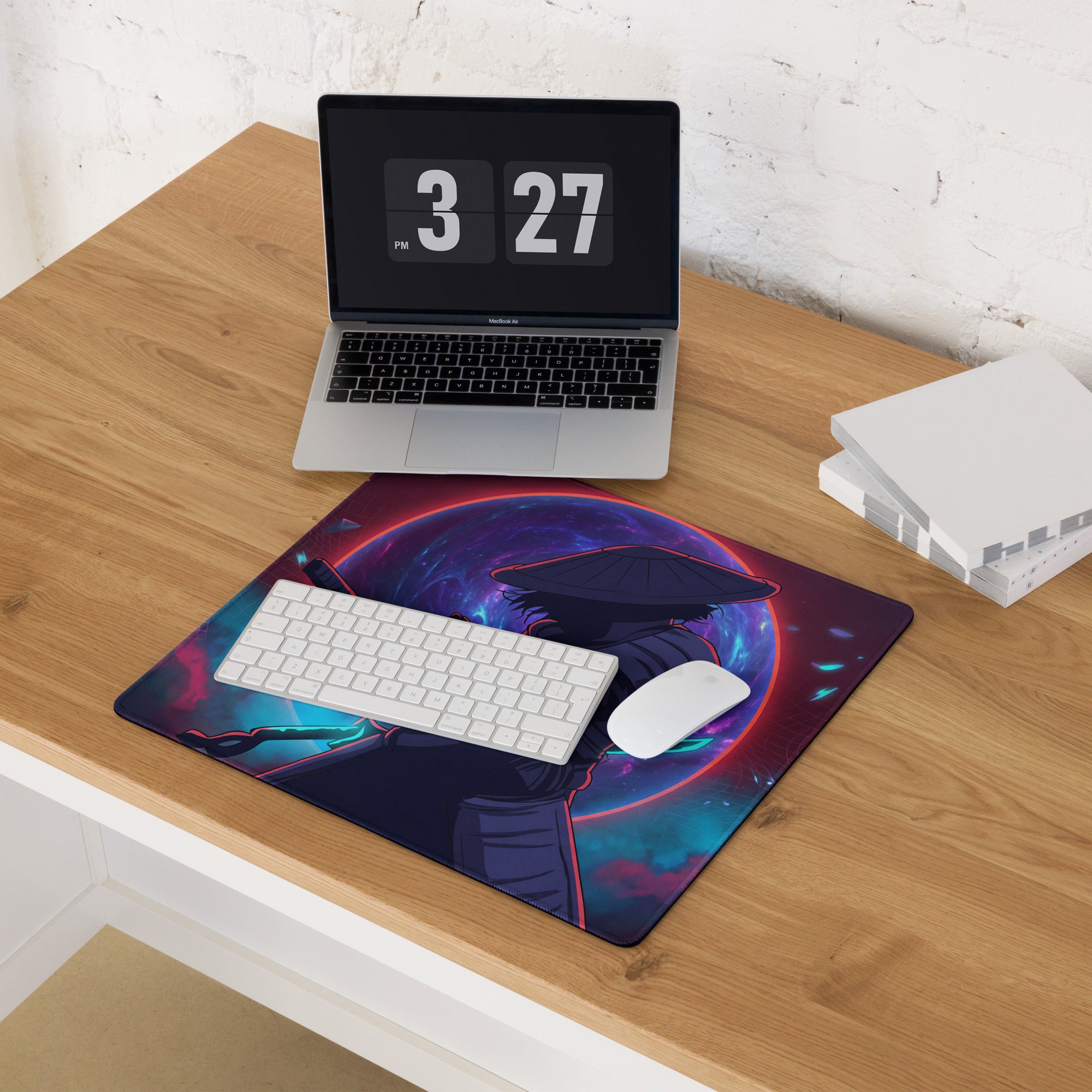 Vibrant rectangular gaming mousepad with anime samurai in dark armor and cosmic purple blue vaporwave background