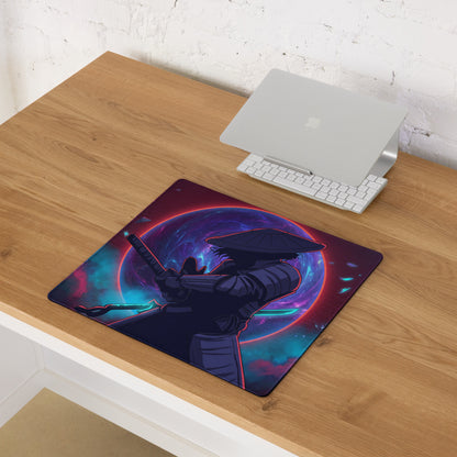 Neon vaporwave samurai gaming mouse pad with vibrant pink purple blue cosmic samurai silhouette design on fabric surface