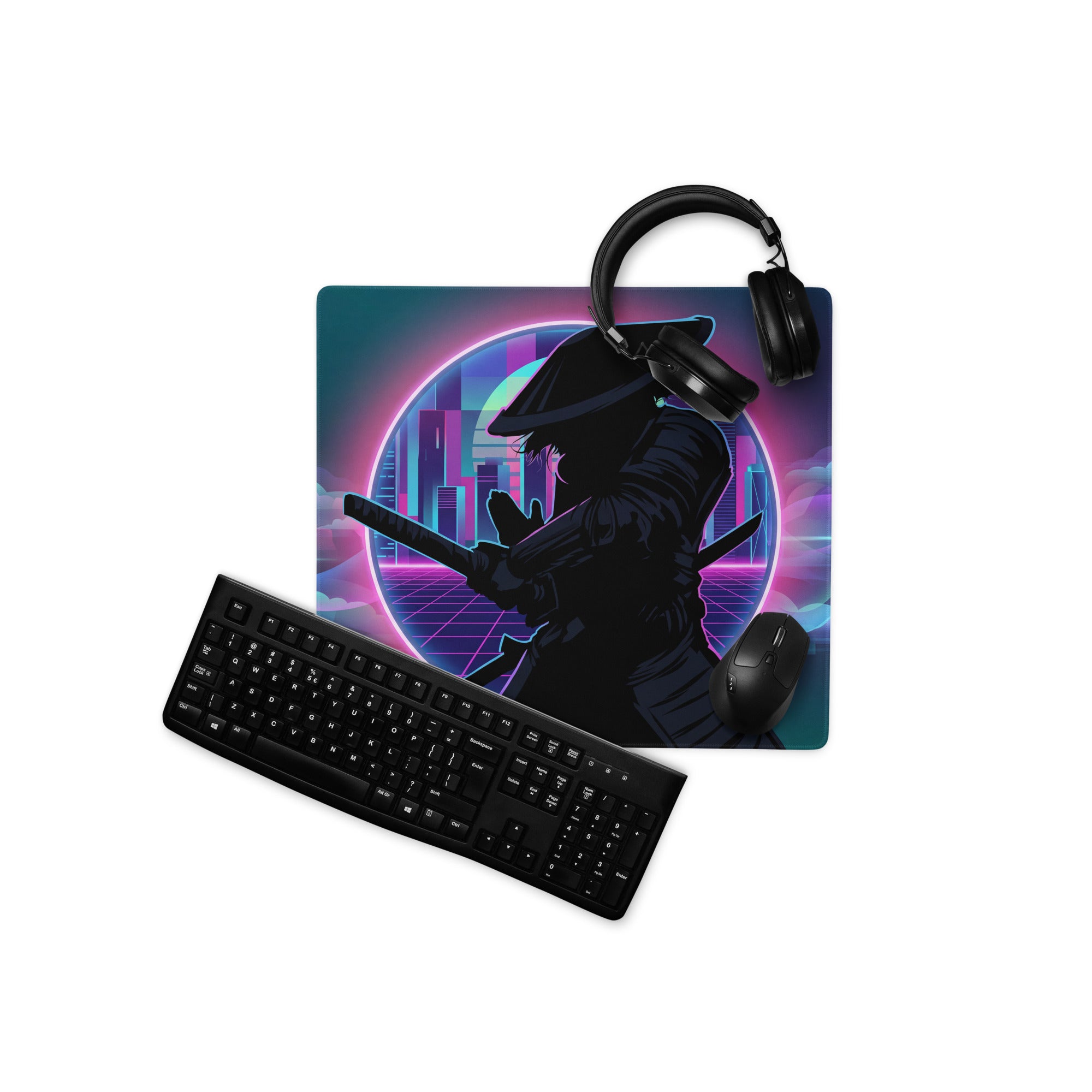 Neon vaporwave gaming mouse pad with vibrant neon cityscape design and black headphones on top for gamers