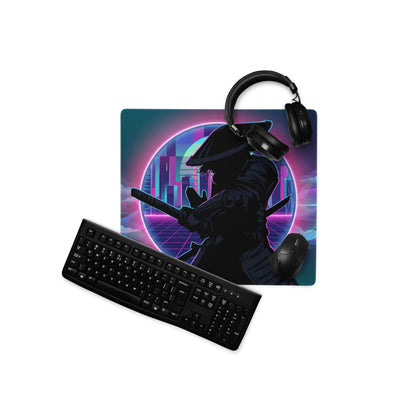 Neon vaporwave gaming mouse pad with vibrant neon cityscape design and black headphones on top for gamers