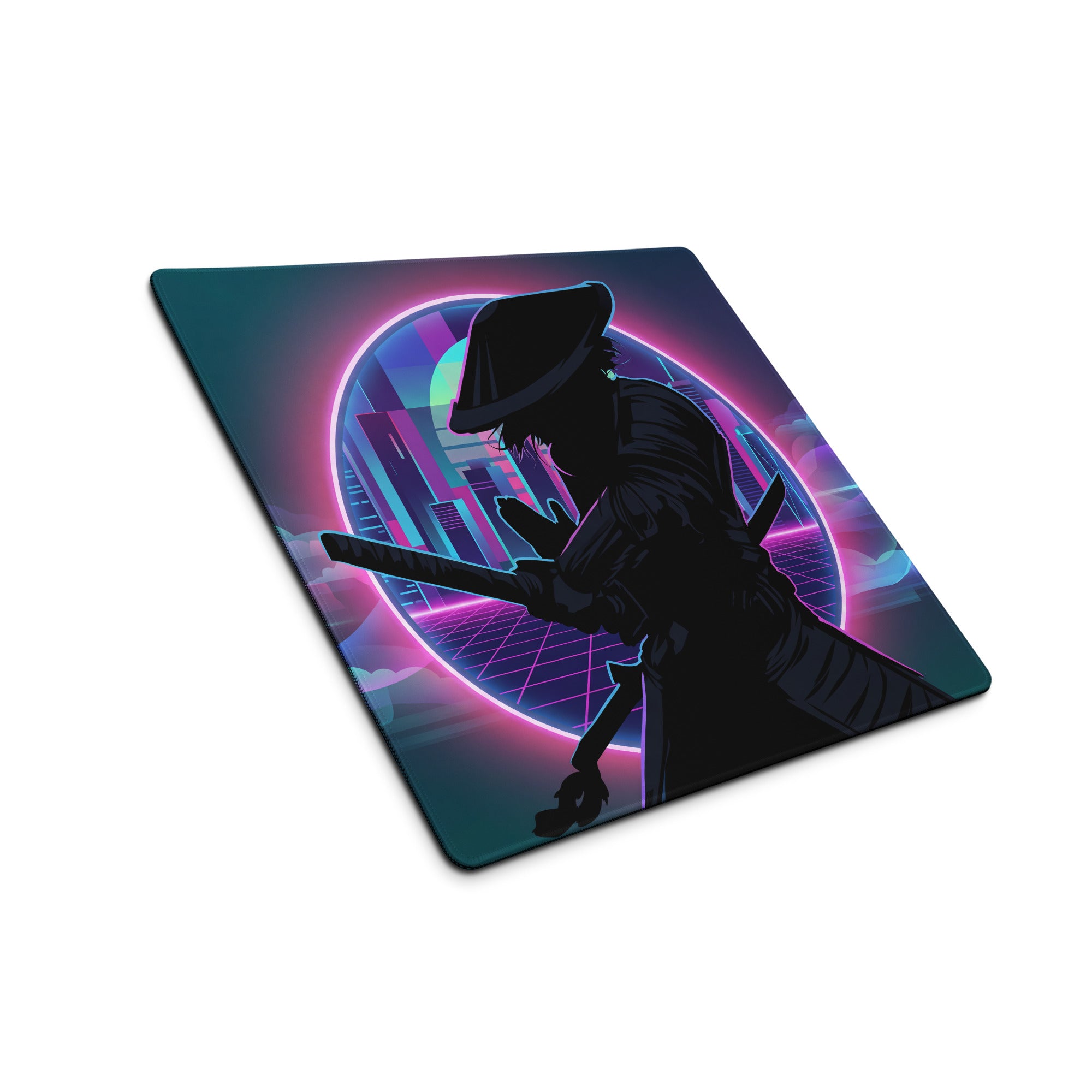 Nebula-themed neon vaporwave gaming mousepad with sword silhouette against vibrant purple and blue cityscape design