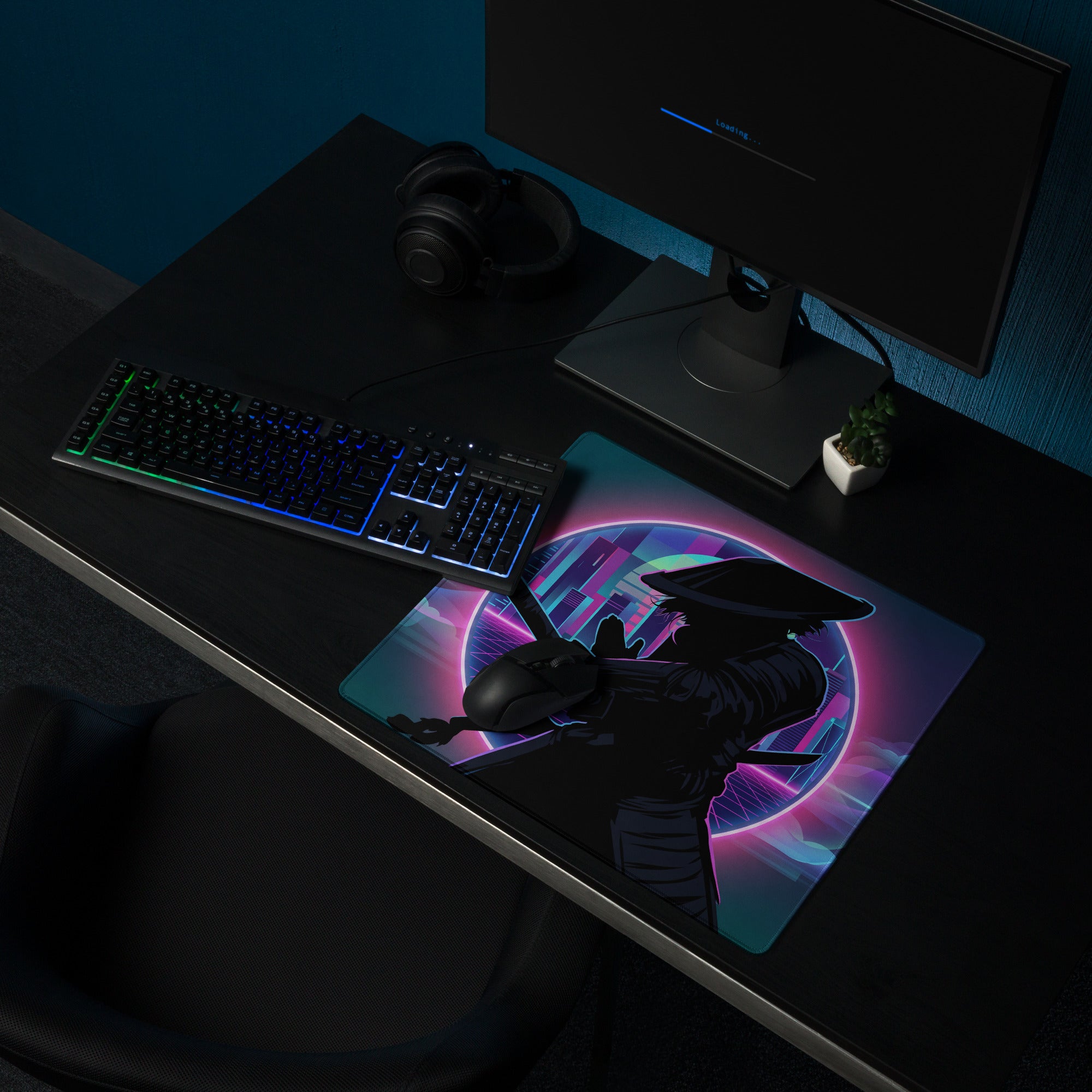 Neon vaporwave gaming mouse pad with neon pink purple blue circular design and anime-style ninja silhouette