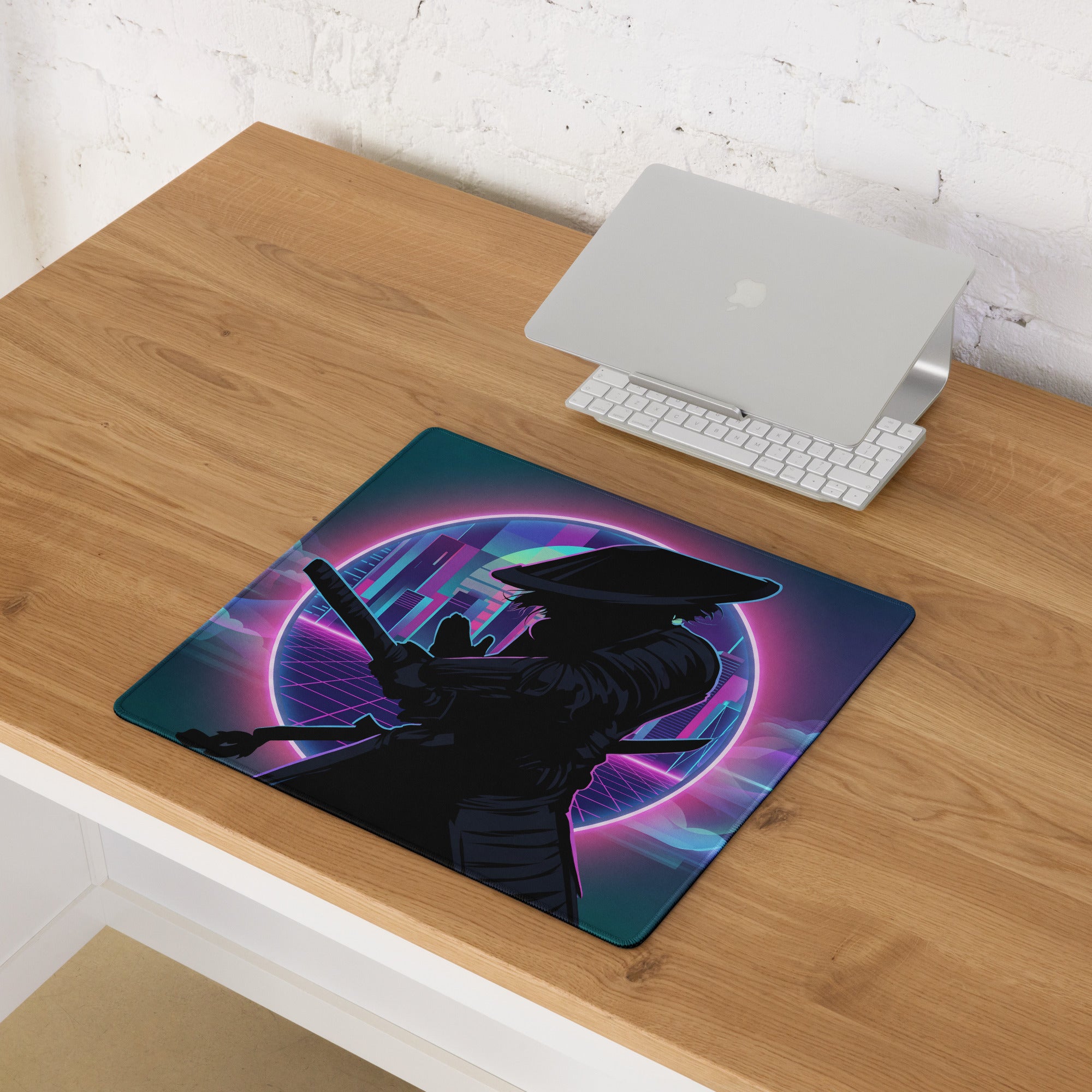 Neon vaporwave gaming mouse pad in navy blue and purple featuring a samurai silhouette and futuristic cityscape design
