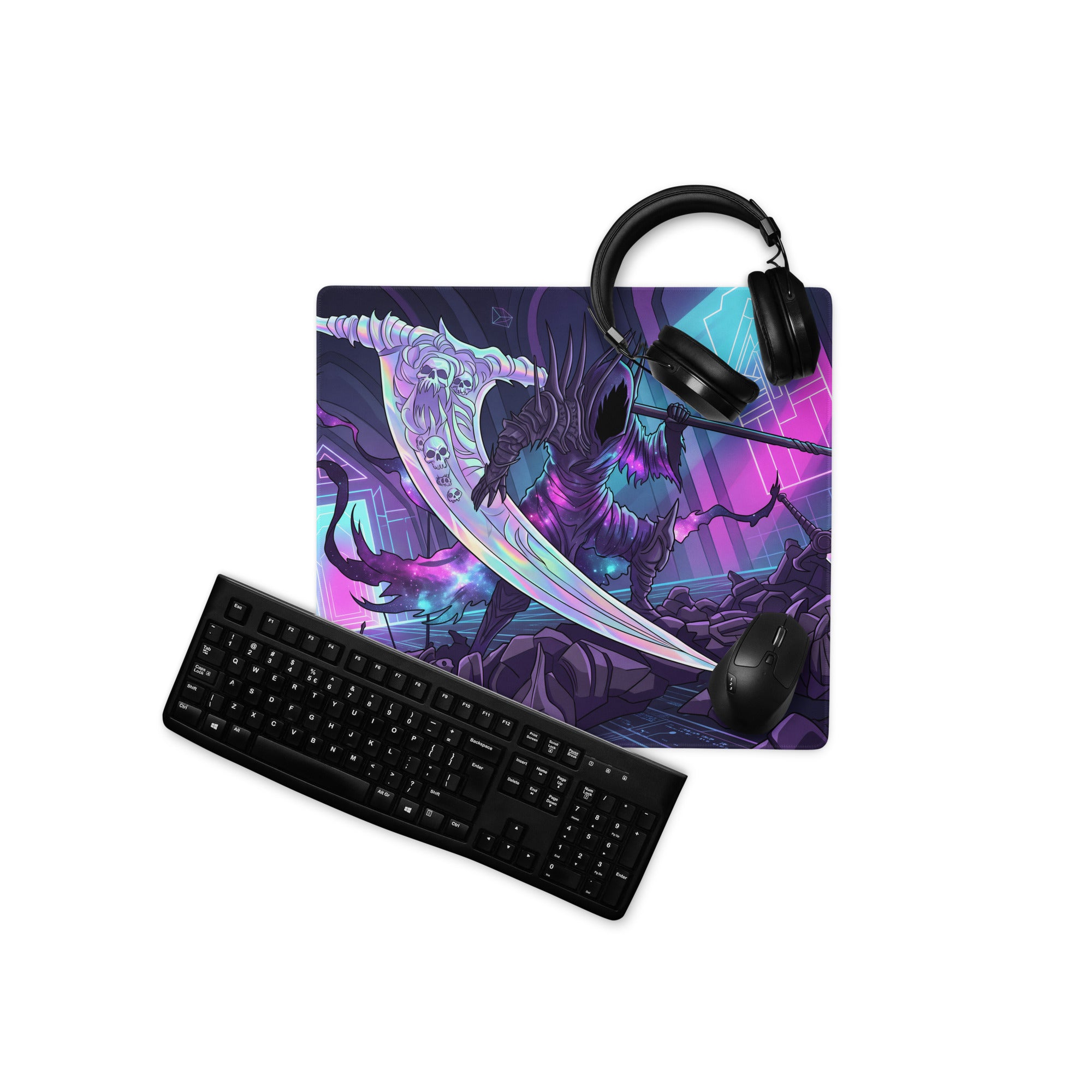 Neon grim reaper mouse pad with vibrant purple and neon blue colors featuring a glowing skeletal reaper design