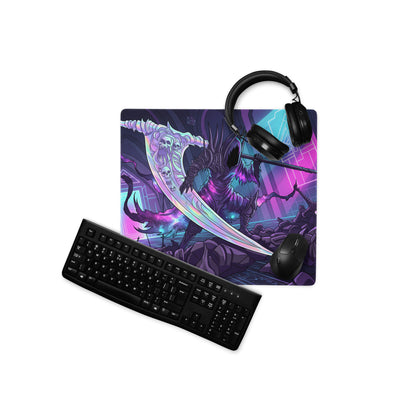 Neon grim reaper mouse pad with vibrant purple and neon blue colors featuring a glowing skeletal reaper design