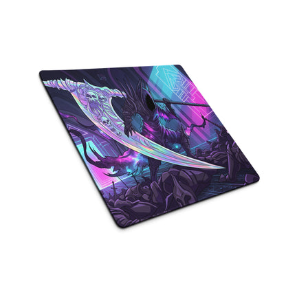 Neon grim reaper mouse pad featuring a necromancer skeletal figure with glowing scythe in vibrant purple and cyan neon design