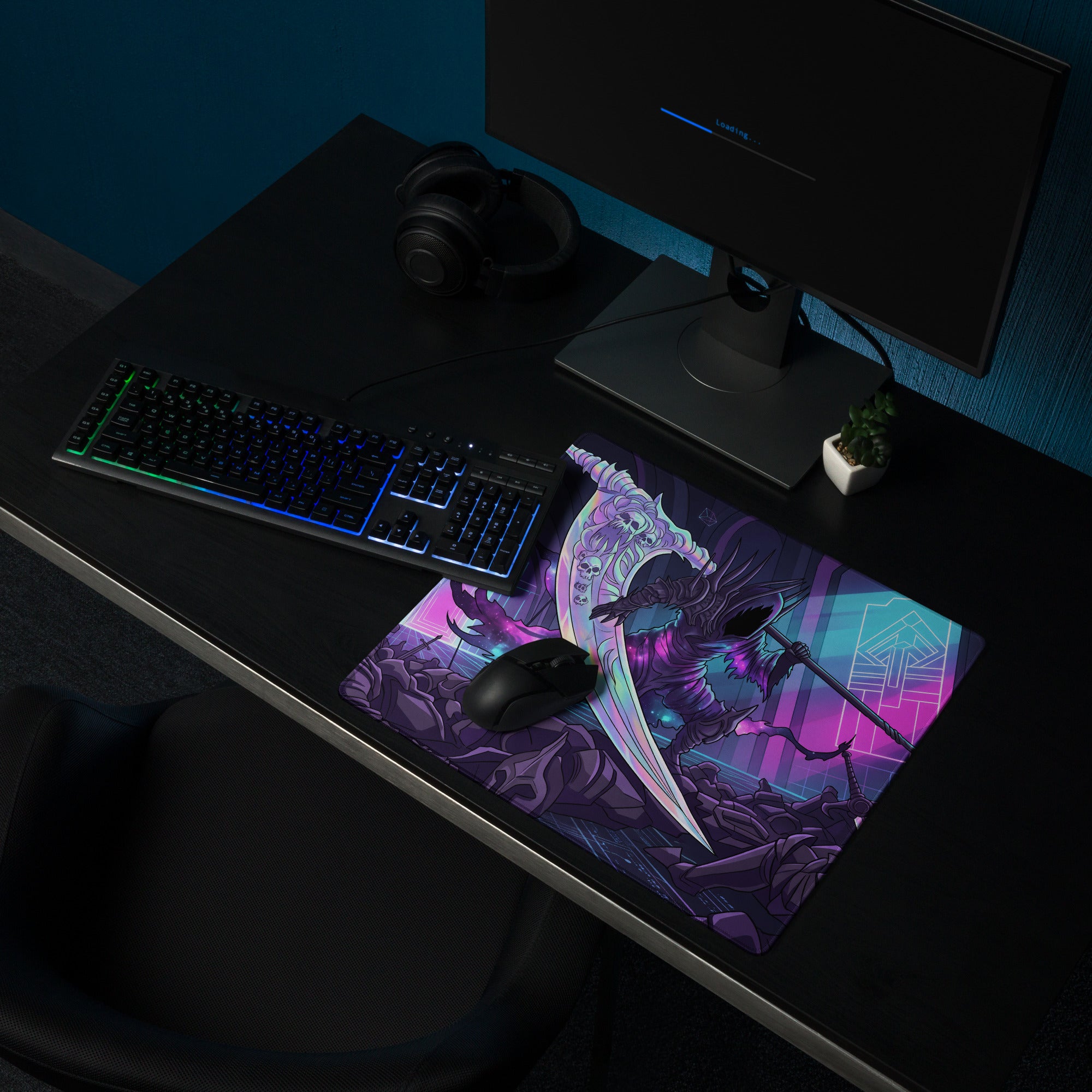 Neon grim reaper mouse pad with vibrant purple and pink neon design featuring a skeletal warrior with glowing sword