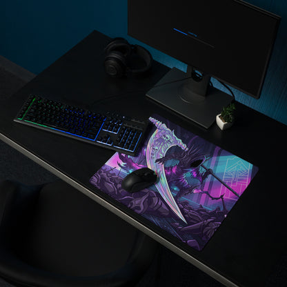 Neon grim reaper mouse pad with vibrant purple and pink neon design featuring a skeletal warrior with glowing sword