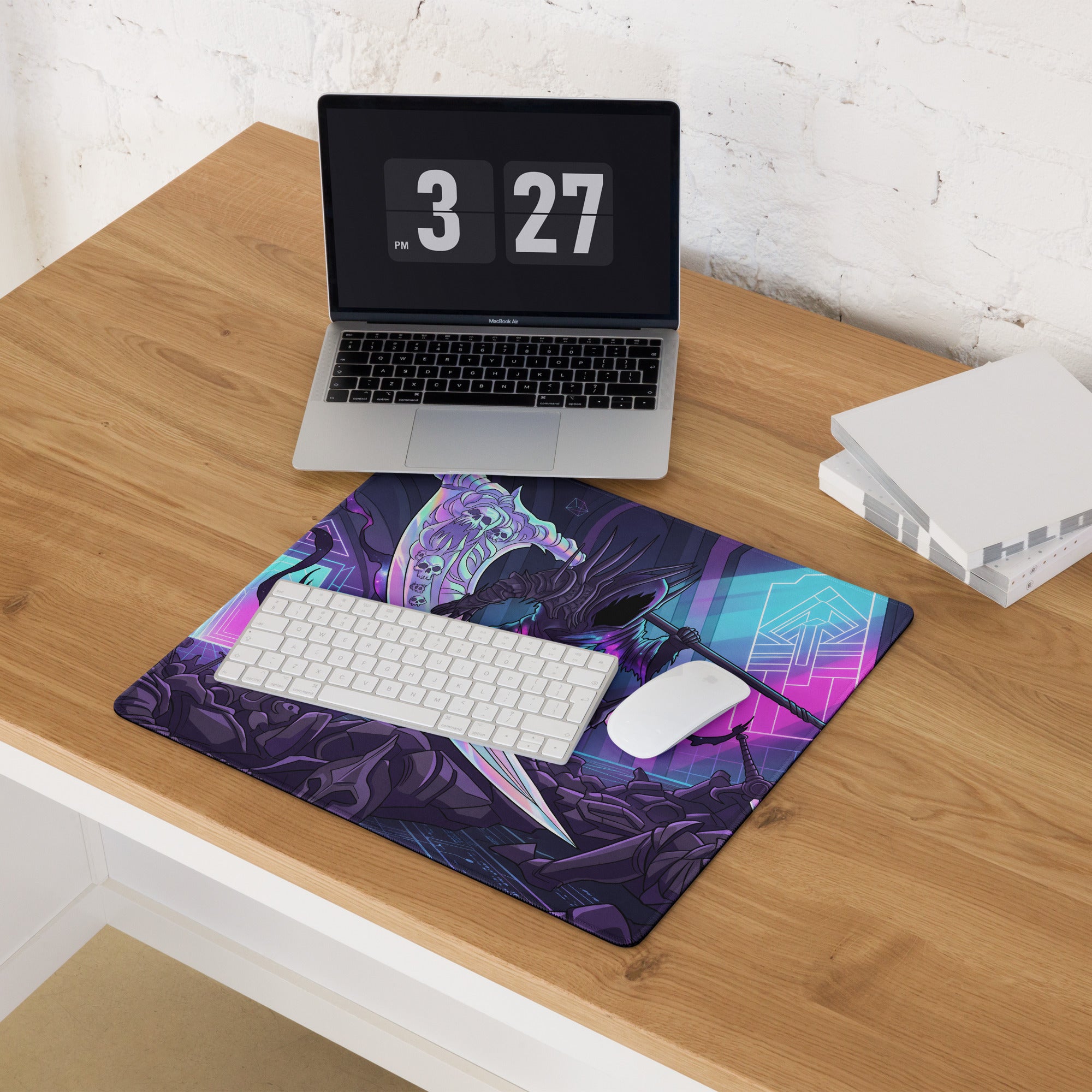 Neon grim reaper mouse pad with vibrant purple and teal cyberpunk design featuring a stylized character for gaming