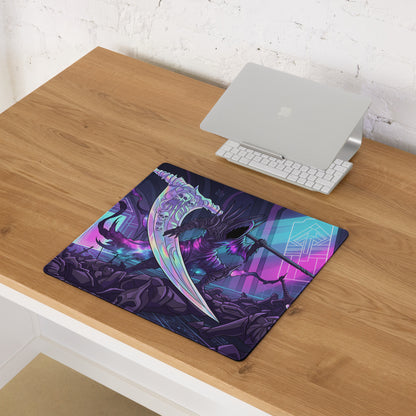 Neon grim reaper gaming mousepad with vibrant neon purple and teal cyberpunk skeletal reaper design