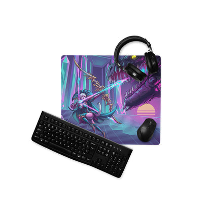 Vibrant purple and teal vaporwave dragon neon mouse pad with fantasy character battling dragon in neon-lit gaming scene