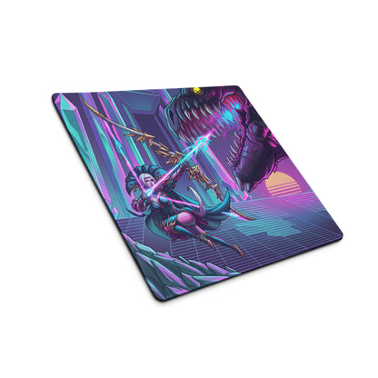 Vaporwave dragon neon mouse pad with vibrant purple and teal fantasy battle scene and glowing weapons for gaming desks