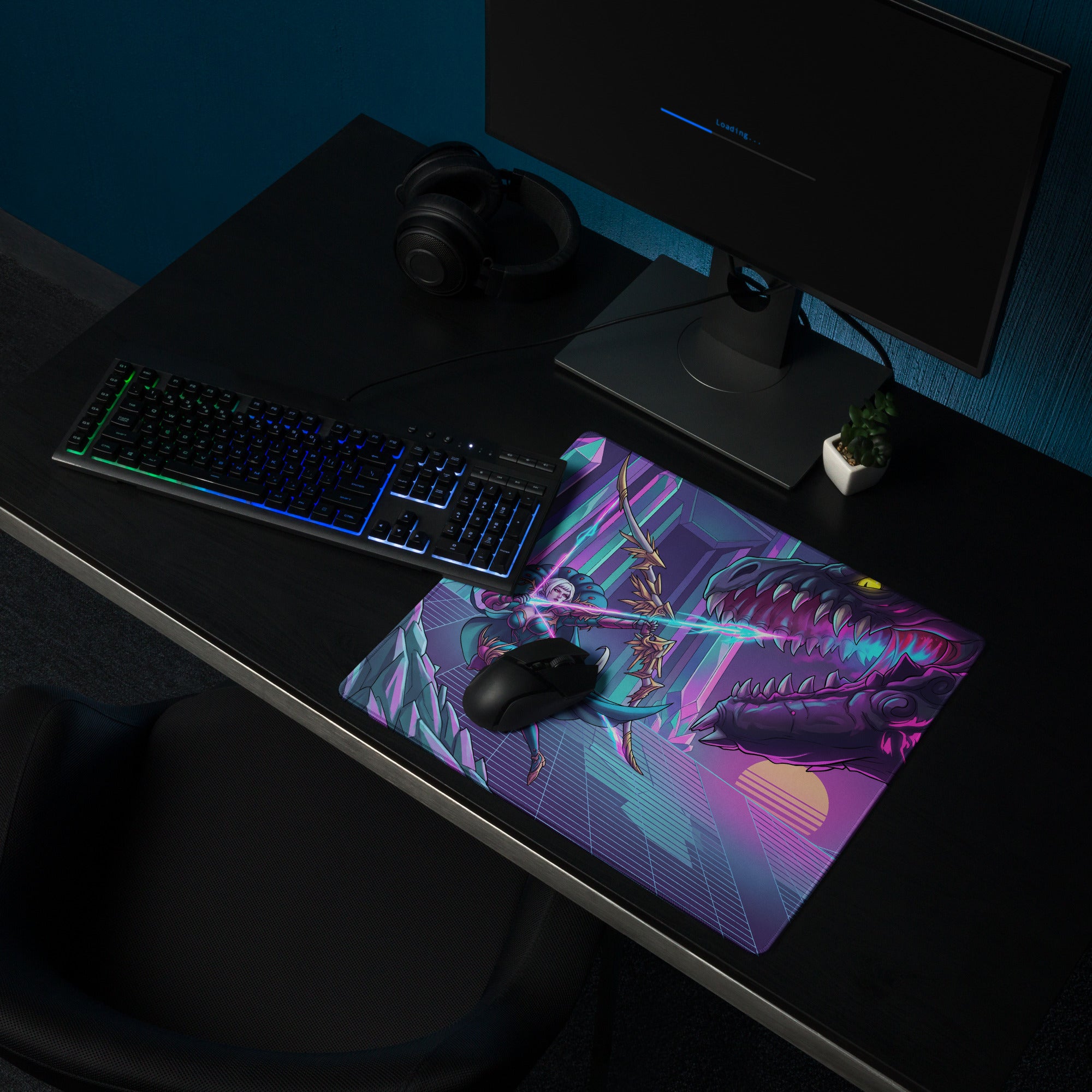 A vibrant neon vaporwave dragon mouse pad with purple and teal hues featuring a futuristic dinosaur battle scene