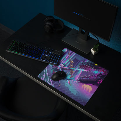 A vibrant neon vaporwave dragon mouse pad with purple and teal hues featuring a futuristic dinosaur battle scene