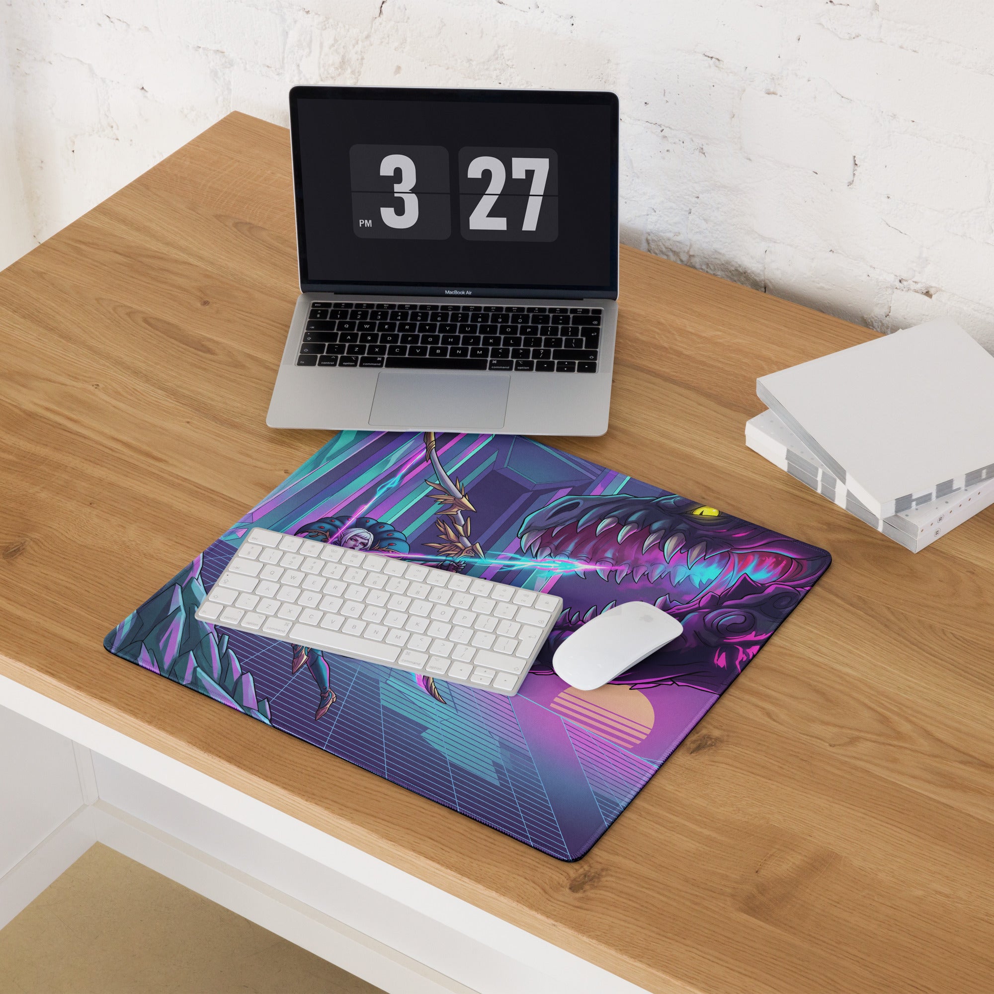 Vibrant purple and teal vaporwave dragon neon mouse pad with dynamic fantasy creature design for gaming desks