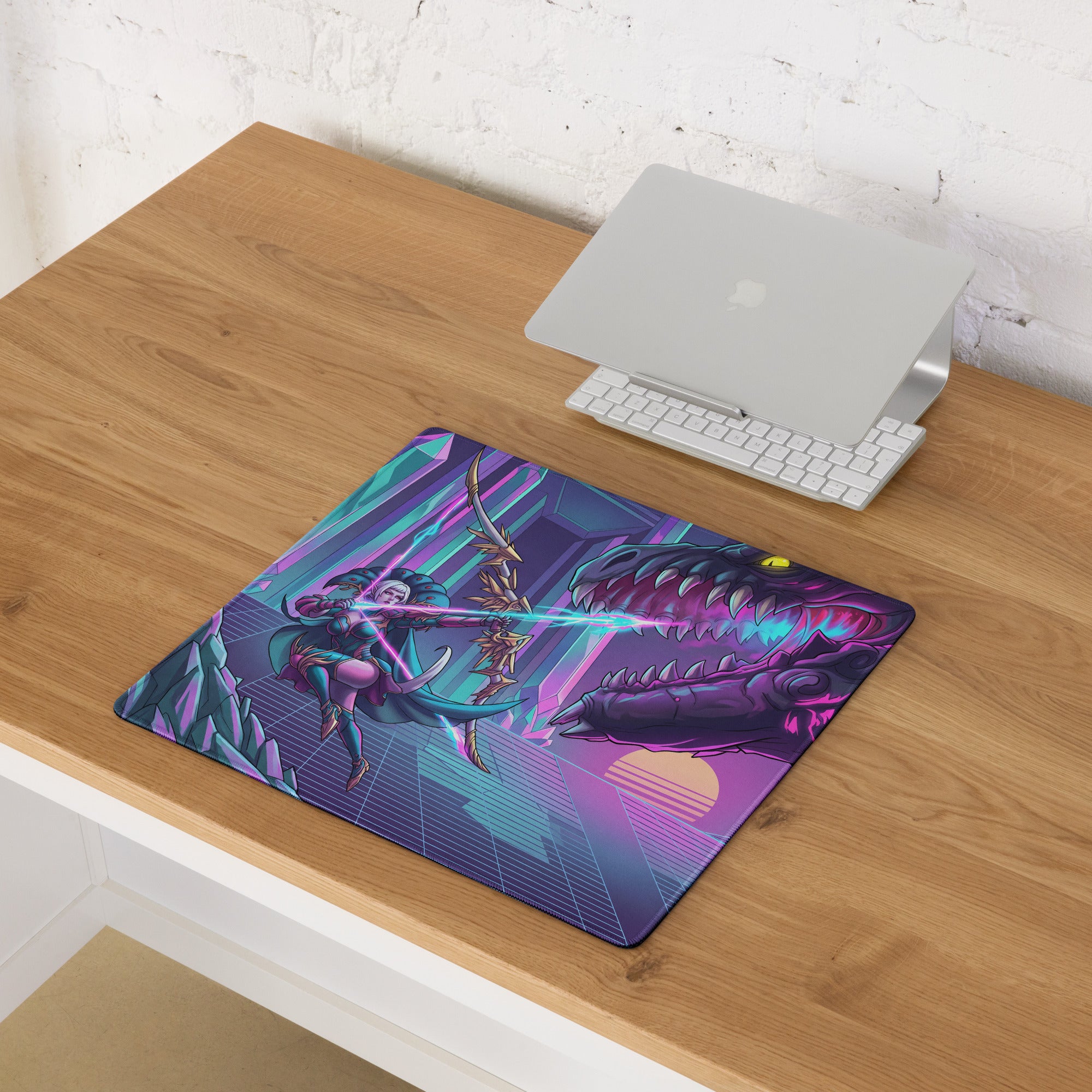 Vaporwave dragon neon mouse pad featuring a vibrant purple and teal futuristic archer battling a dinosaur design