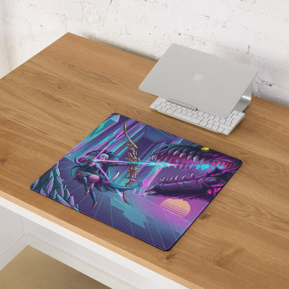 Vaporwave dragon neon mouse pad featuring a vibrant purple and teal futuristic archer battling a dinosaur design