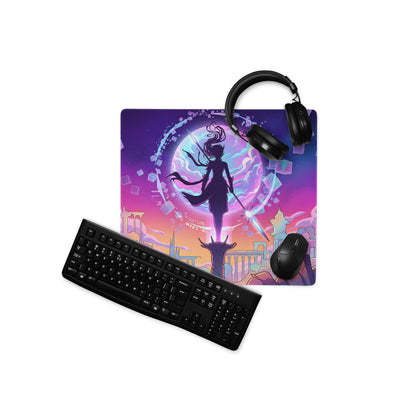 Neon vaporwave cityscape mouse pad with vibrant purple and pink anime warrior silhouette on cosmic backdrop
