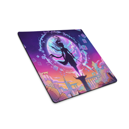 Vibrant purple and pink vaporwave mouse pad featuring a stylized warrior silhouette on a cosmic backdrop