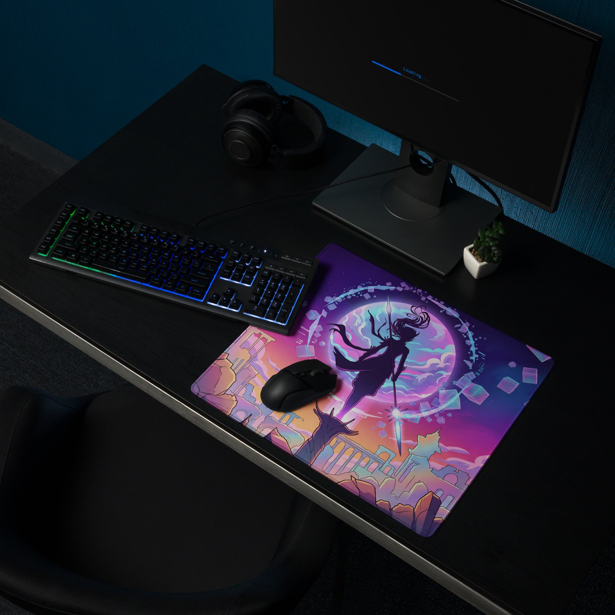 Vibrant purple and pink neon vaporwave gaming mouse pad with fantasy warrior silhouette and glowing moon backdrop