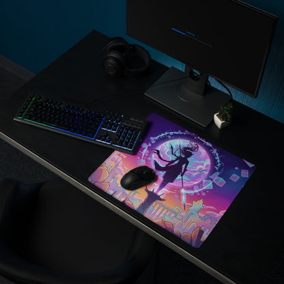 Vibrant purple and pink neon vaporwave gaming mouse pad with fantasy warrior silhouette and glowing moon backdrop