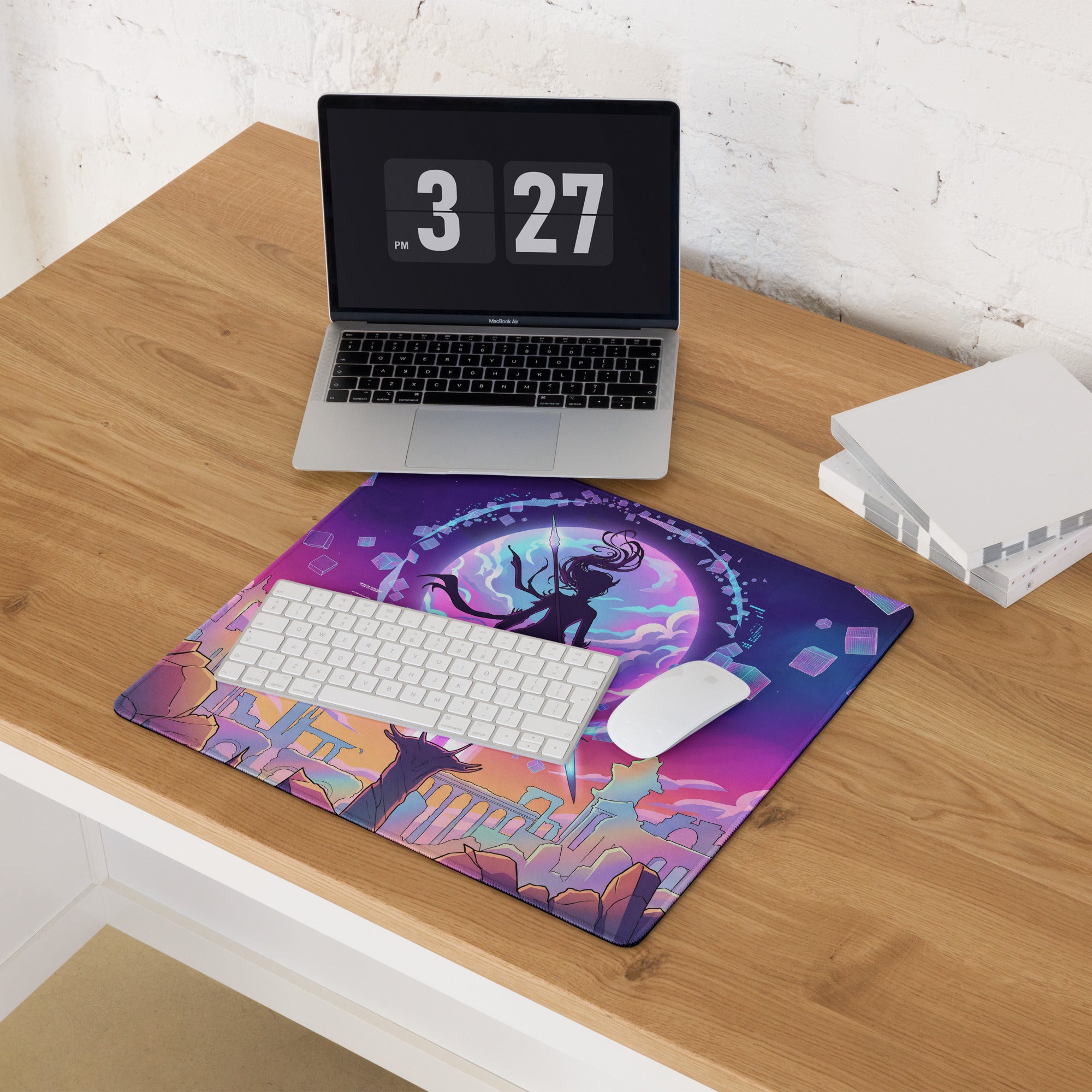 Neon vaporwave cityscape mouse pad featuring a vibrant purple and pink anime-style warrior silhouette on cosmic background