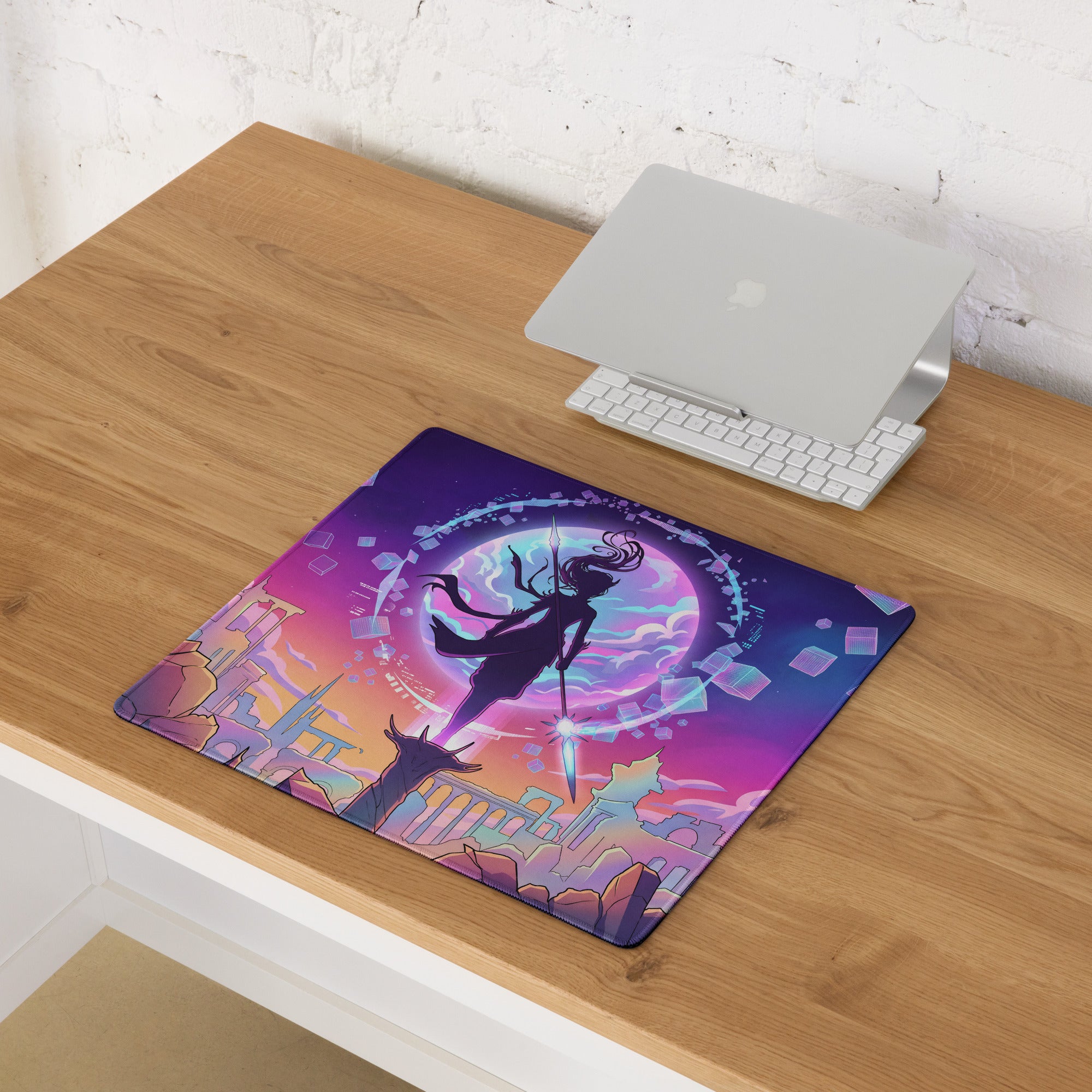 Neon vaporwave cityscape gaming mousepad with vibrant purple pink gradient and stylized anime warrior silhouette