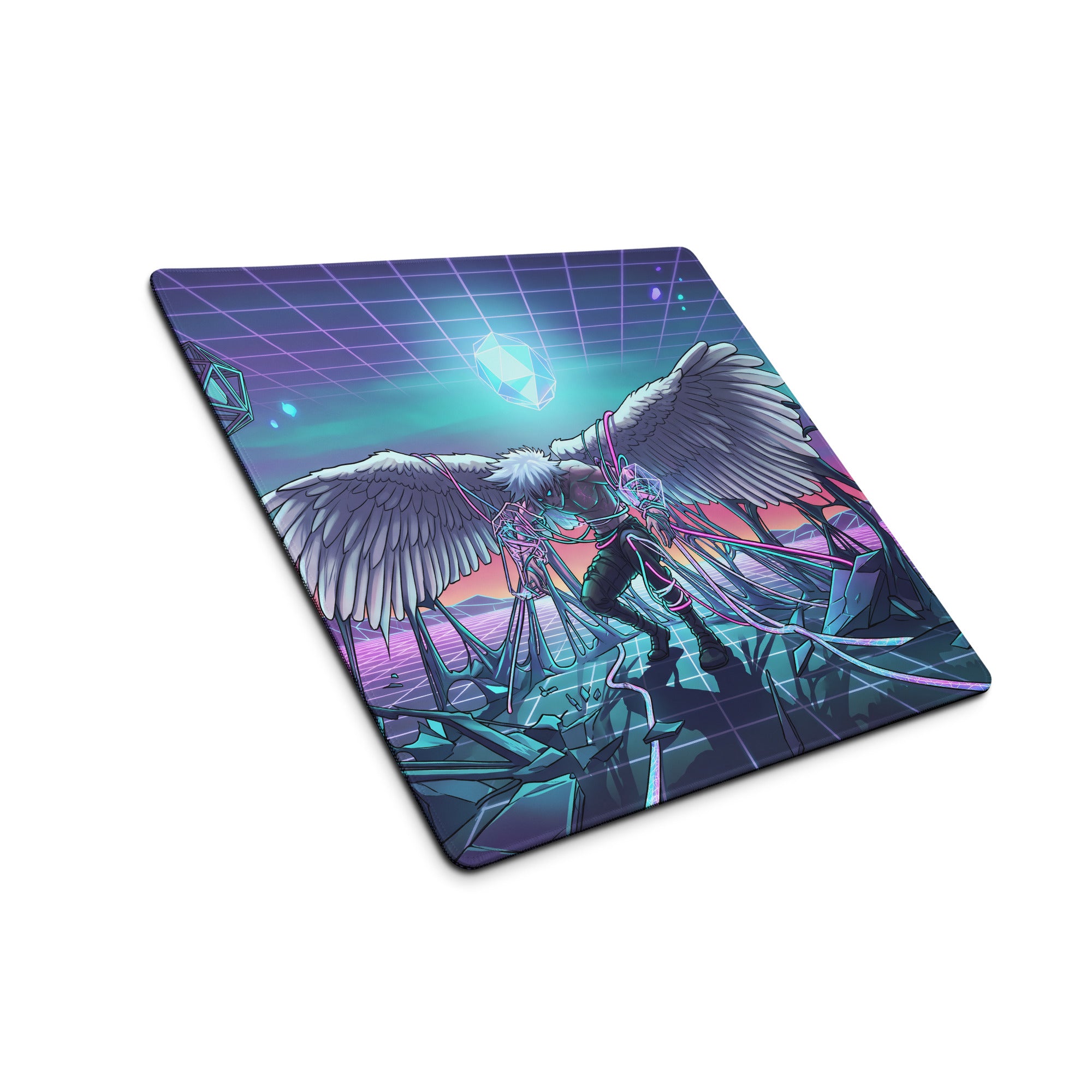 Navy blue and purple retro-futuristic neon wings vaporwave mouse pad with large white wings and grid sky design