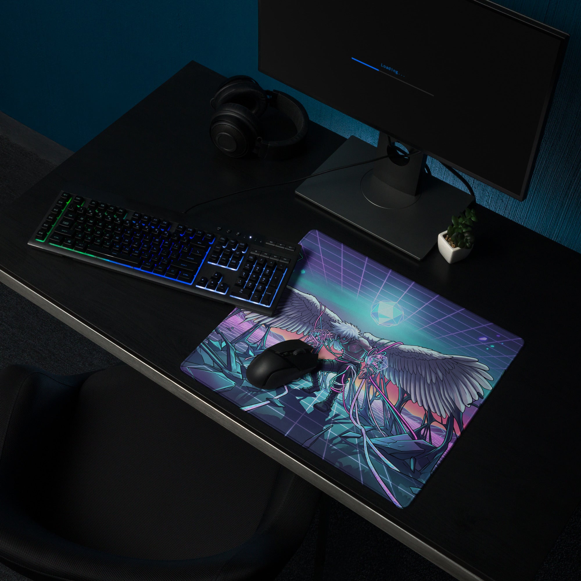 Neon wings vaporwave gaming mousepad with vibrant purple teal anime angel design on cyberpunk grid background