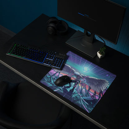 Neon wings vaporwave gaming mousepad with vibrant purple teal anime angel design on cyberpunk grid background