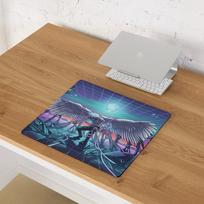 Neon wings vaporwave rectangular gaming mouse pad with vibrant purple pink cyan winged figure on neon grid design