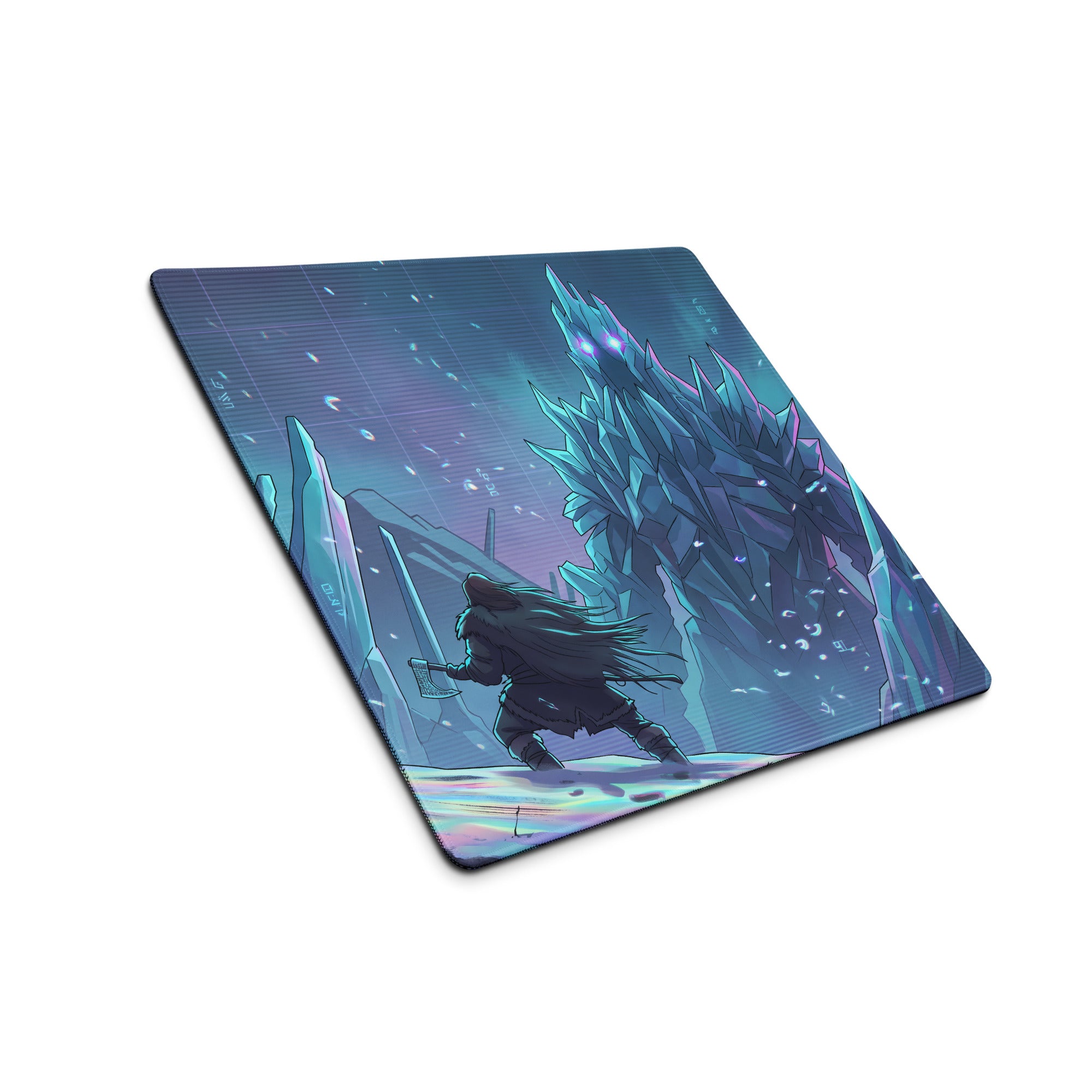Rectangular gaming mousepad with vibrant icy fantasy scene in blue cyan purple featuring warrior and jagged ice formations