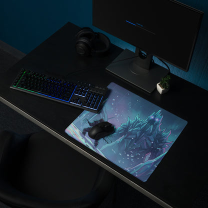 A rectangular gaming mousepad with a vibrant godzilla illustration in blue cyan and purple neon hues