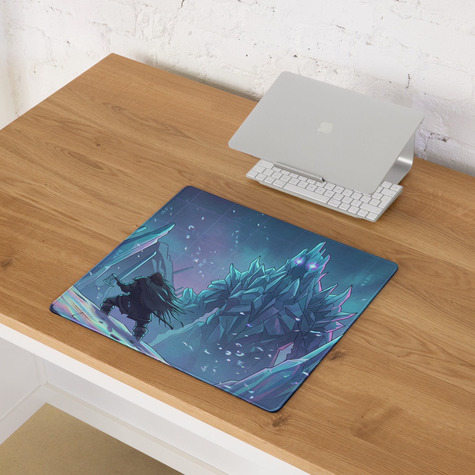 Blue and purple vaporwave ice fortress pad gaming mousepad with armored figure and crystalline monsters fantasy scene