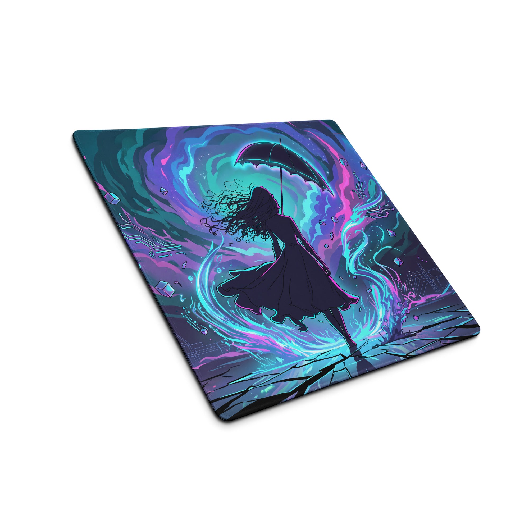 Vaporwave neon night mouse pad with vibrant pink neon colors and a cosmic silhouette of a woman holding an umbrella