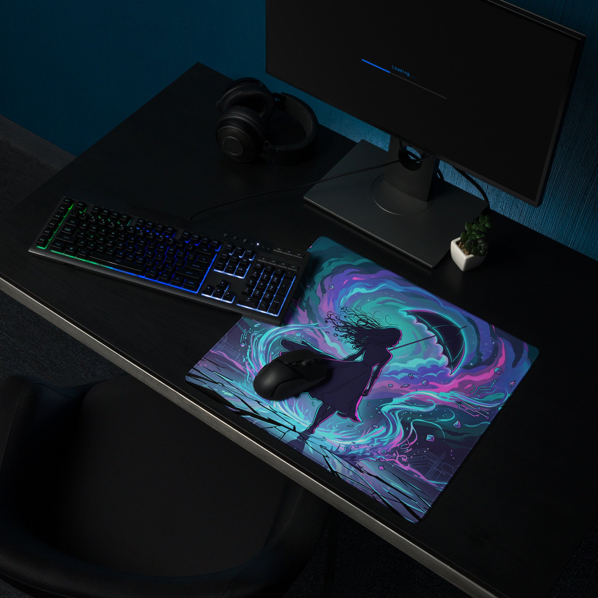 Vaporwave neon night mouse pad with vibrant neon purple and teal cosmic design featuring a silhouette figure