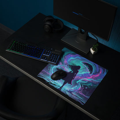 Vaporwave neon night mouse pad with vibrant neon purple and teal cosmic design featuring a silhouette figure