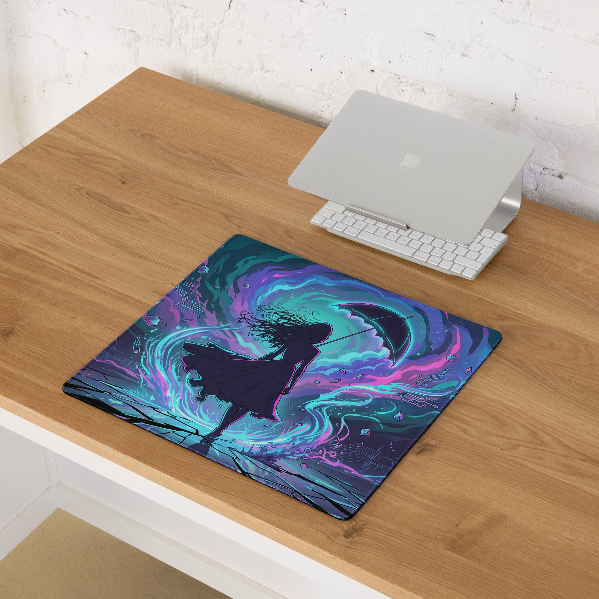 Vaporwave neon night mouse pad with vibrant neon colors and silhouette figure on cosmic purple teal and pink background