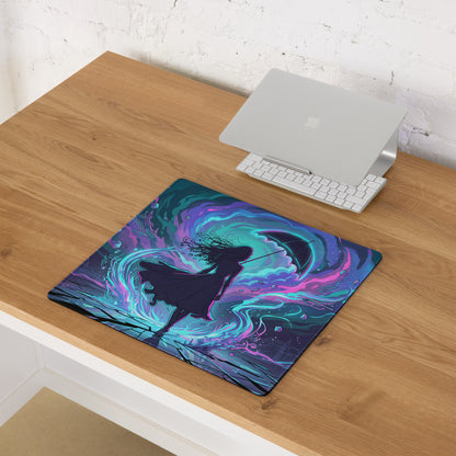 Vaporwave neon night mouse pad with vibrant neon colors and silhouette figure on cosmic purple teal and pink background