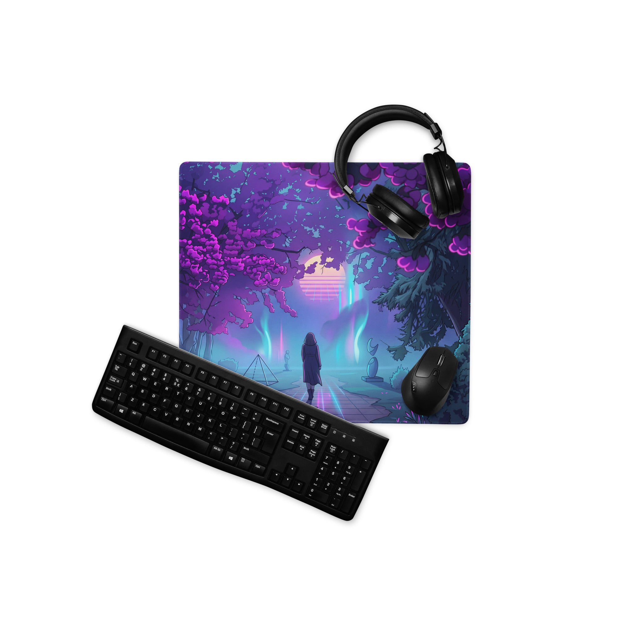 Vaporwave neon garden gaming mouse pad with vibrant purple and blue neon forest and silhouette figure under blossoming trees